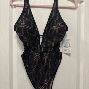 BECCA Black Lace Plunge One-Piece Swimsuit